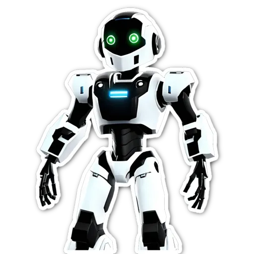 A robot with green eyes is standing up straight.