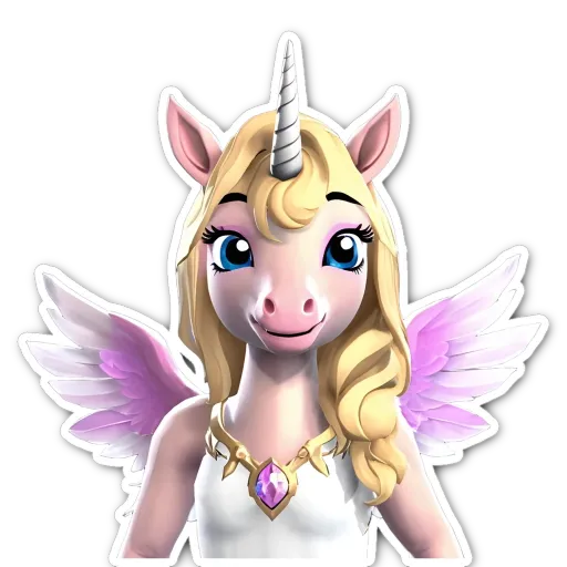 A cartoon image of a unicorn with big wings and a necklace.