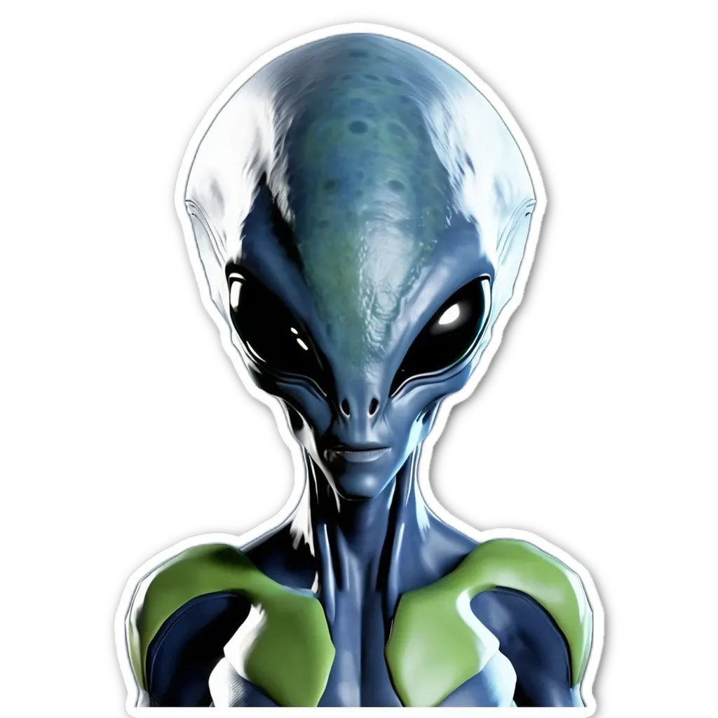 An alien looks at the camera from a sticker of an alien.