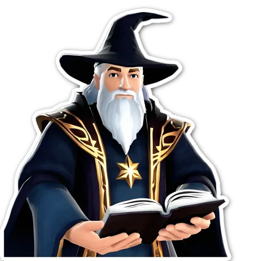 A cartoon of a wizard reading from a book.