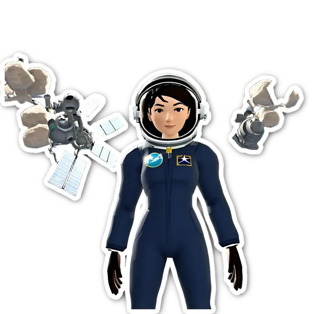 A girl is in a blue space suit with the stars and stripes.