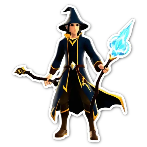 A man in a wizard costume with a wand is standing on a black background.