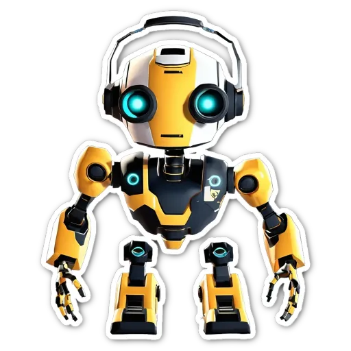 A sticker of a robot with yellow and black eyes and a black and yellow body.