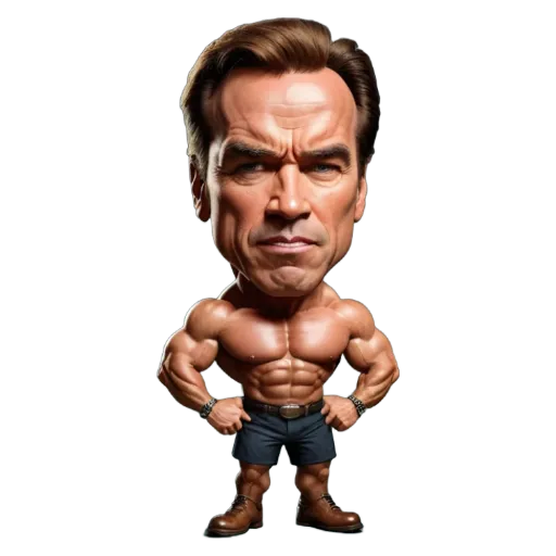 A cartoon drawing of Arnold Schwarzenegger with a black background.