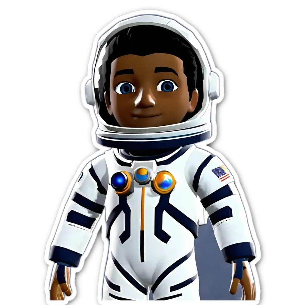 A sticker of a boy in space wearing a helmet and spacesuit with the words USA on the front.