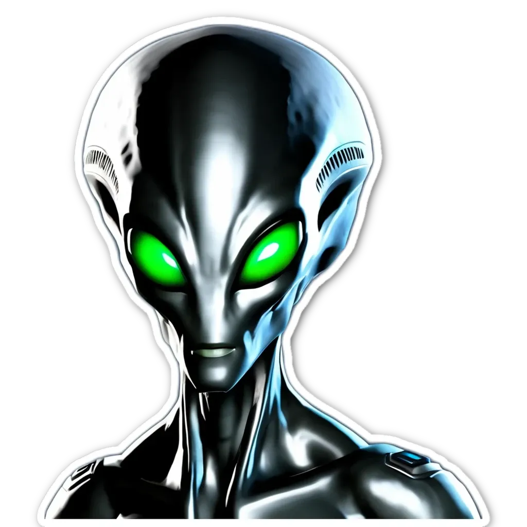 An alien looking up with green eyes is staring at the camera.