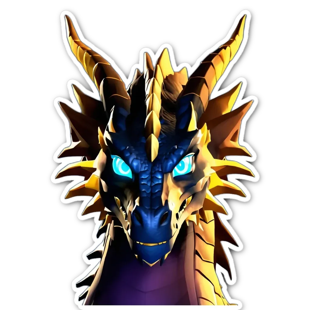 A sticker of a dragon with blue eyes.