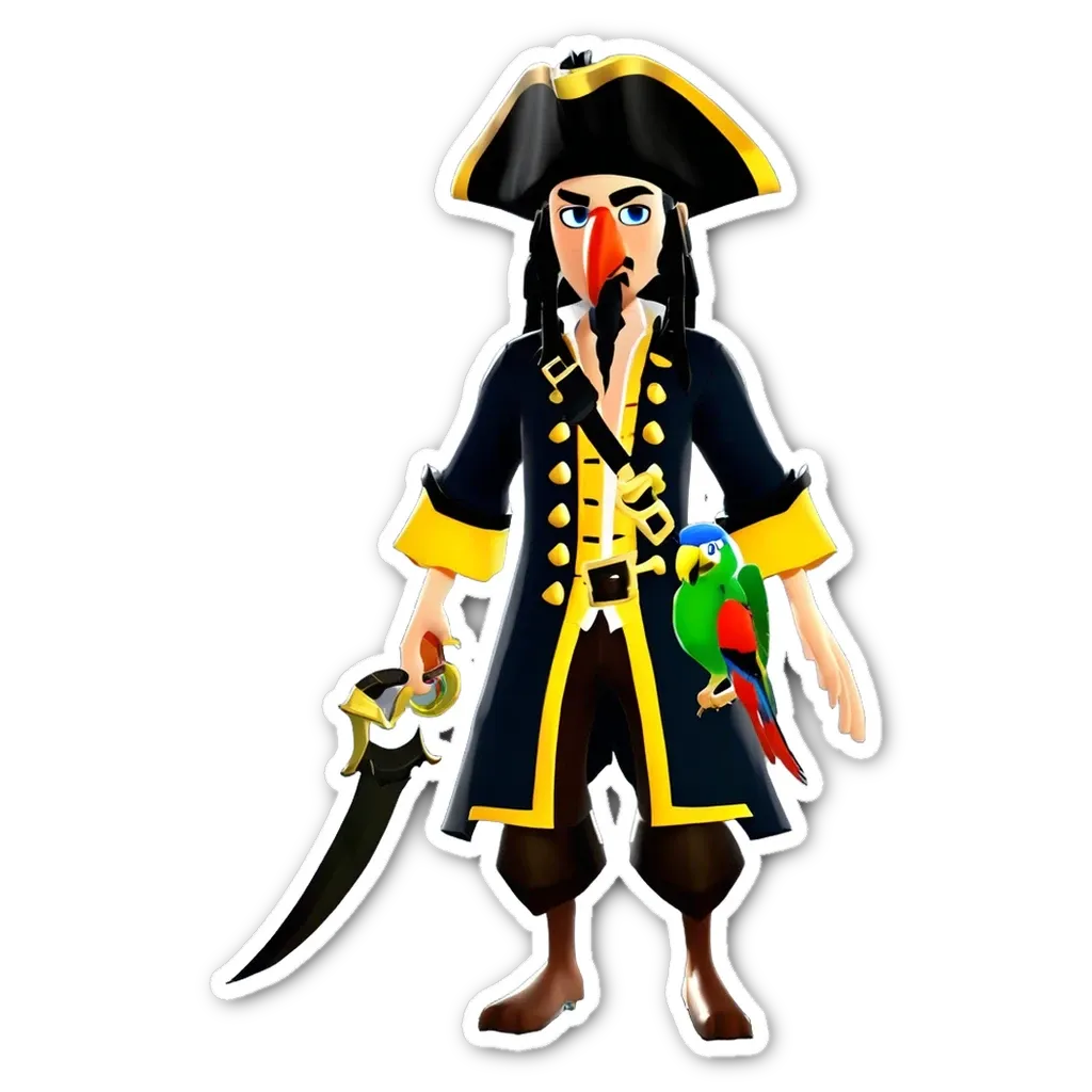 A man in a pirate costume holding a parrot on his right hand.