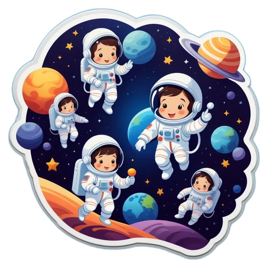 A sticker of a space scene with cartoon people in spaceships.