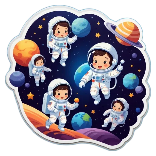 A sticker of a space scene with cartoon people in spaceships.