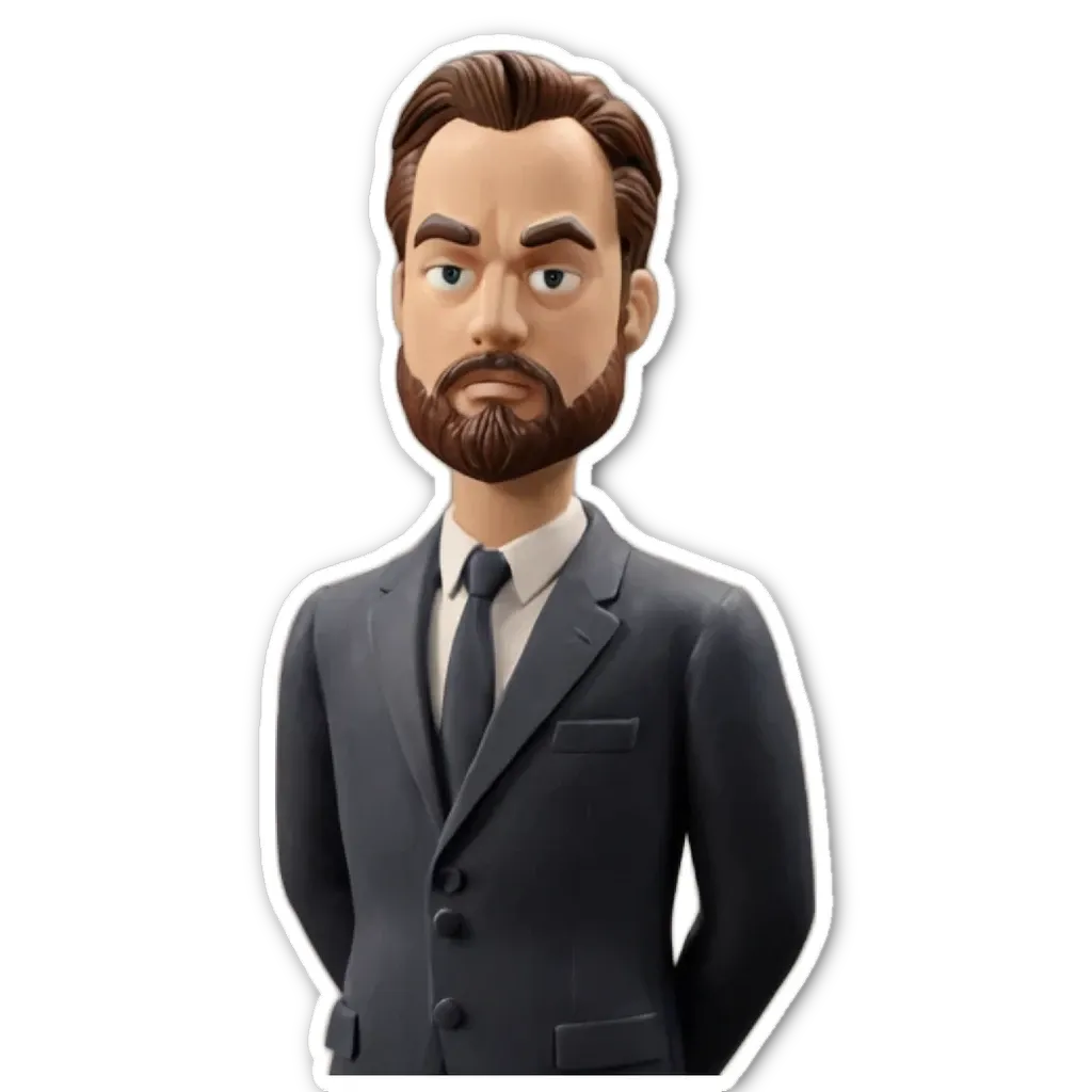 A sticker of a man in a suit with a beard.