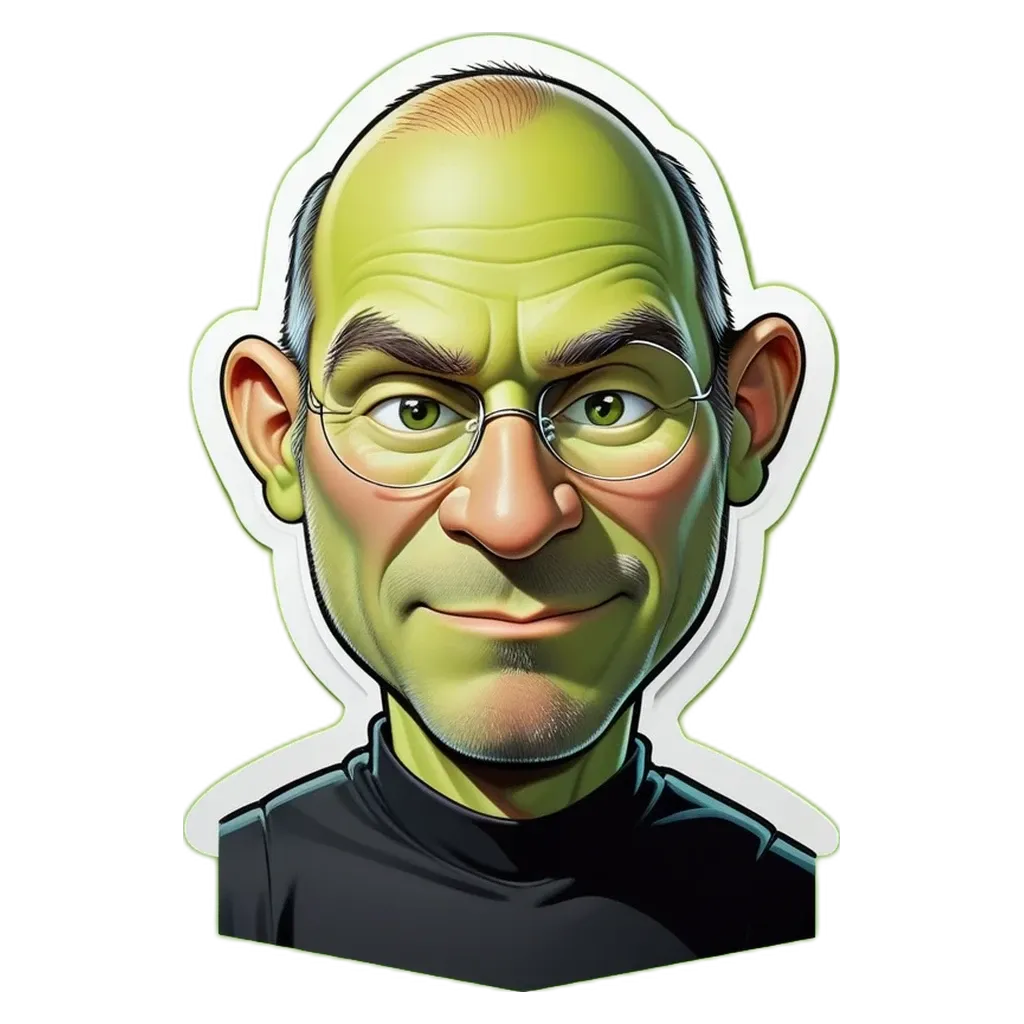 A sticker of Steve Jobs with a black background.