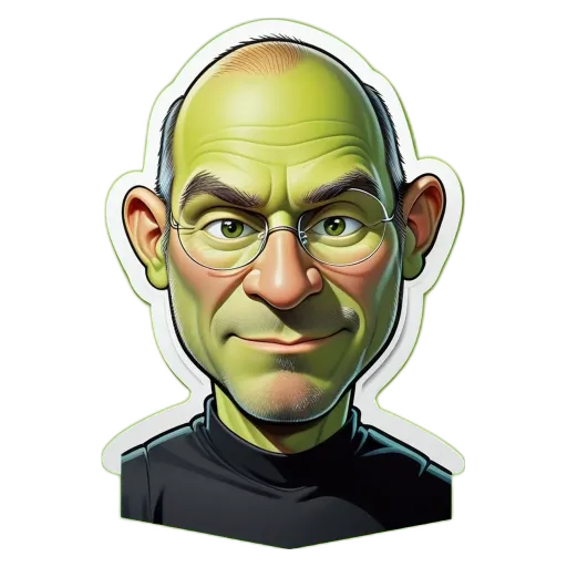 A sticker of Steve Jobs with a black background.
