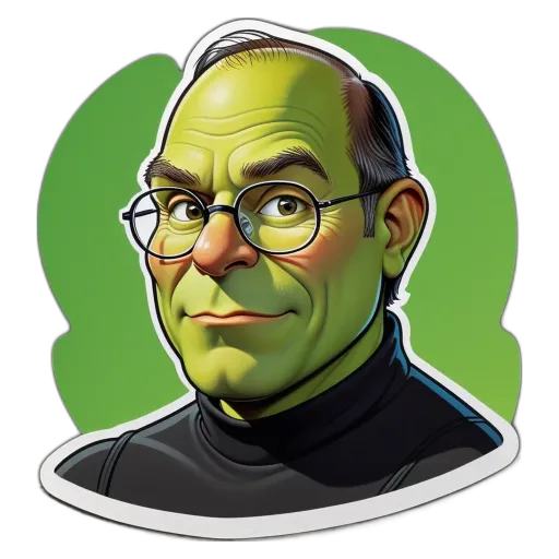 A cartoonish drawing of an old man with a green shirt and glasses.