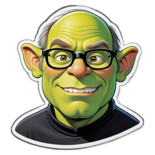 A green frog is sticker'd to the face of an old man.