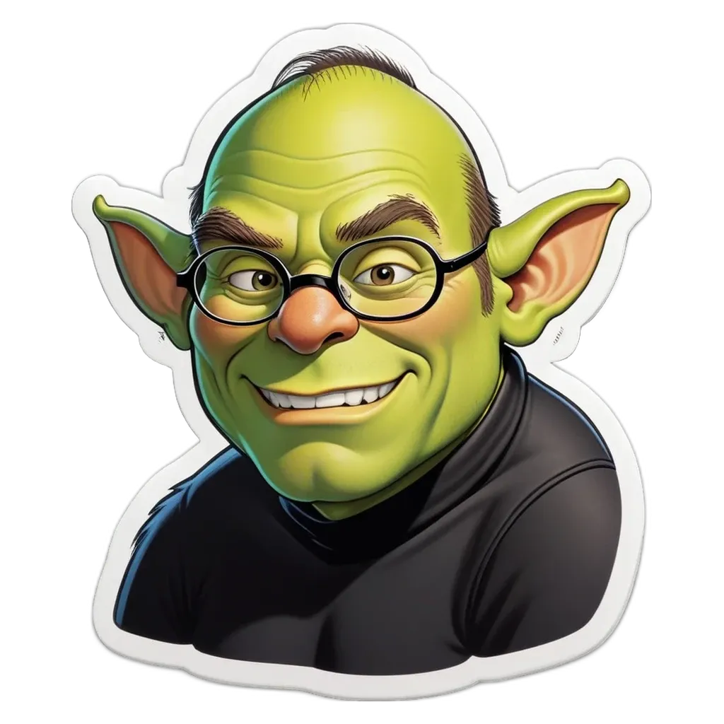 A green frog with glasses is sticker of a man's face.