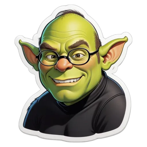 A green frog with glasses is sticker of a man's face.