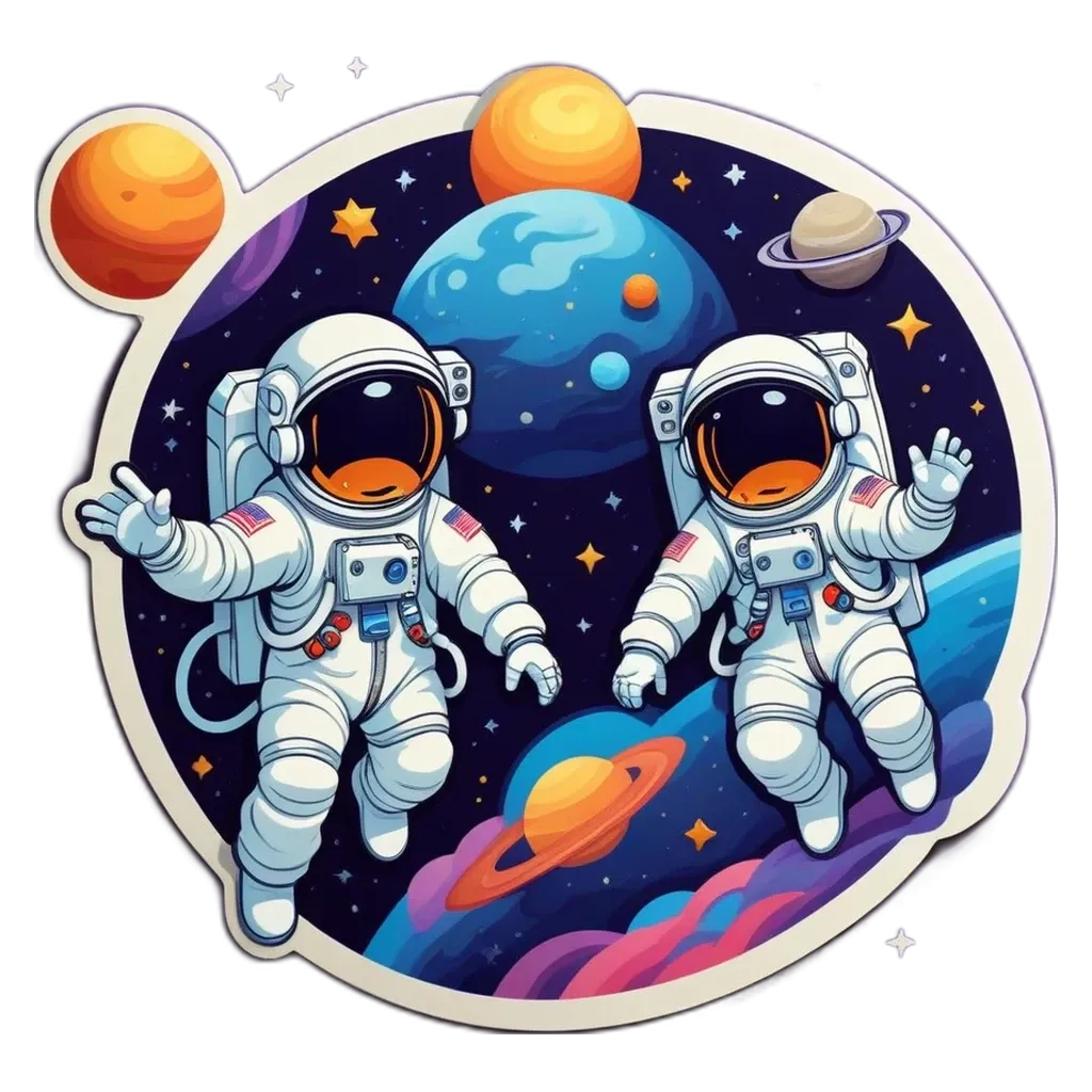 Two men in space, one on the left and one on the right, with the words buddy up above.