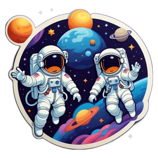 Two men in space, one on the left and one on the right, with the words buddy up above.