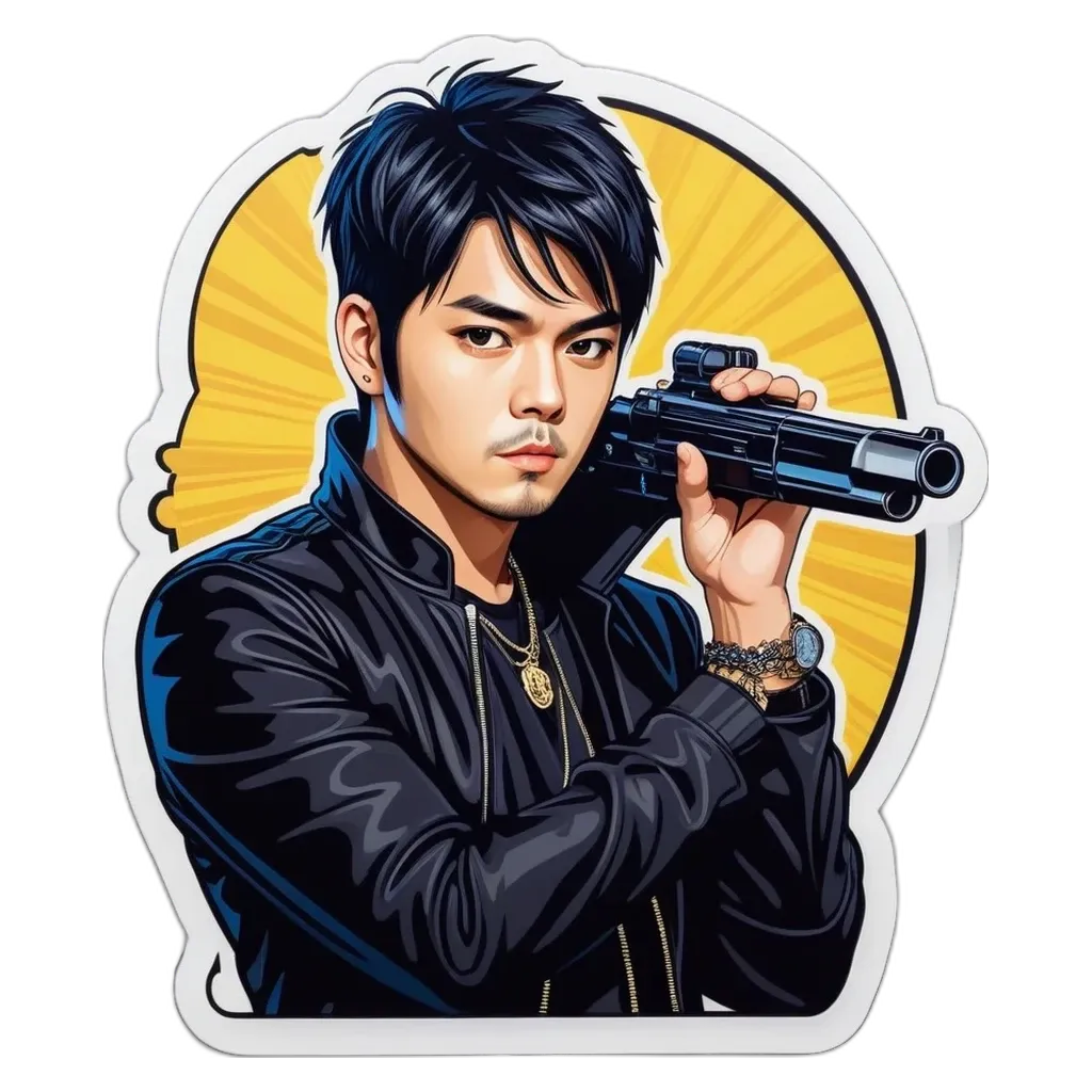 A boy is holding a gun up with a black jacket on.