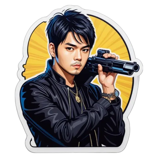 A boy is holding a gun up with a black jacket on.