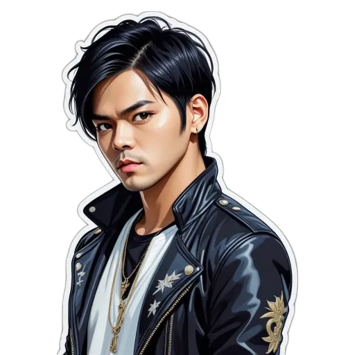 A black and white drawing of a man wearing a white shirt and black jacket with gold zippers.