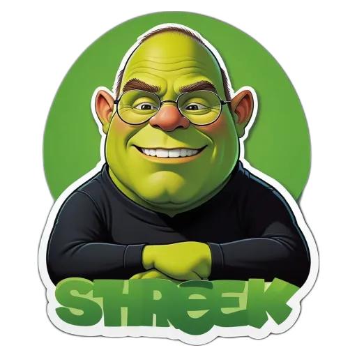A green cartoonish man with a name tag that says shr.