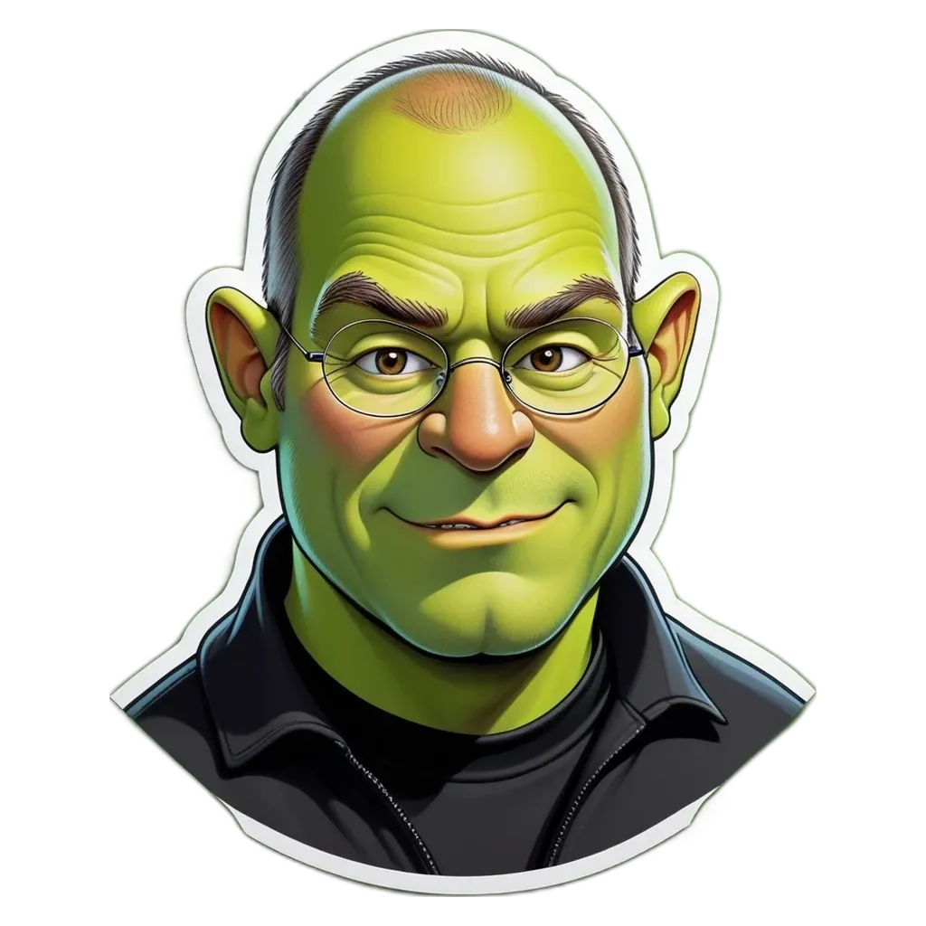 A green and yellow cartoon face with a black background.