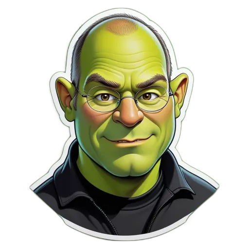 A green and yellow cartoon face with a black background.