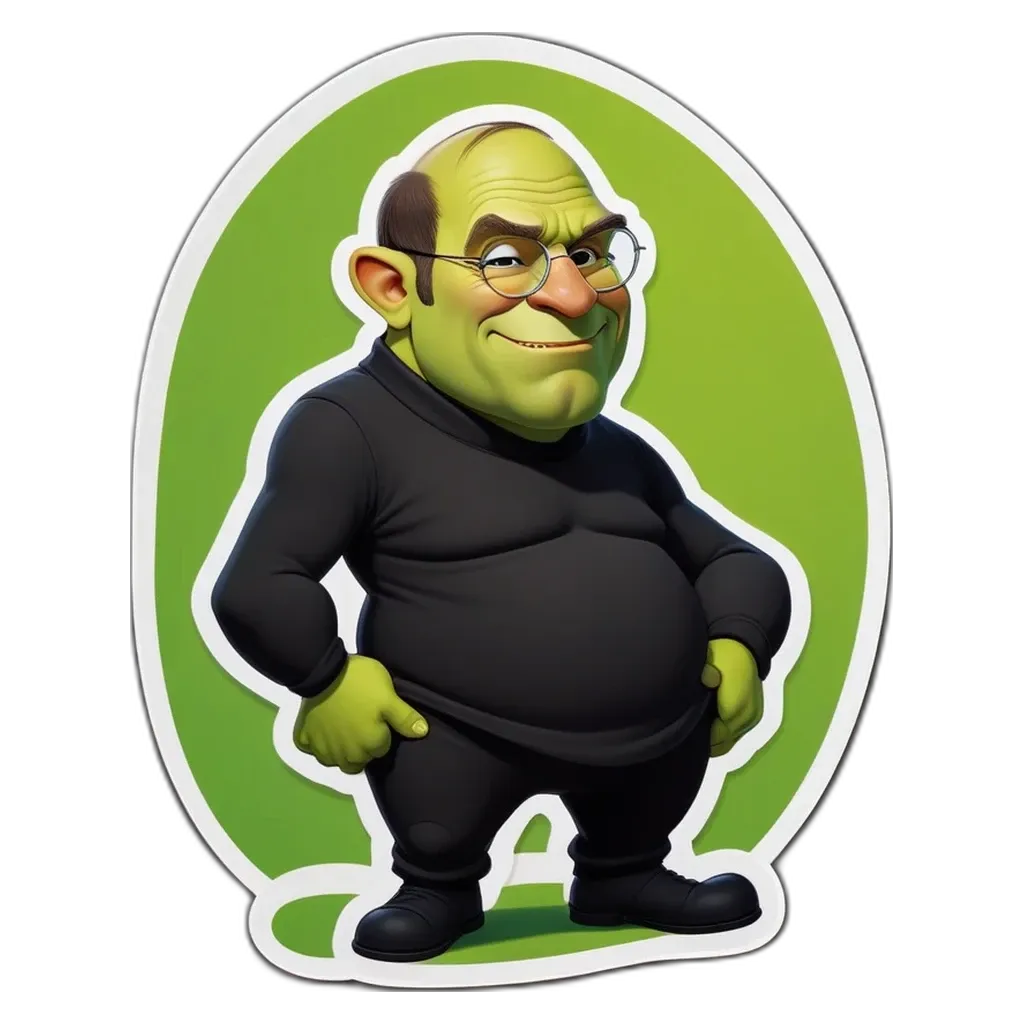 A sticker of a fat man with glasses standing up.