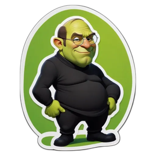 A sticker of a fat man with glasses standing up.