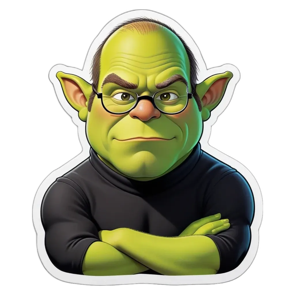 A green elf in glasses and a black shirt with crossed arms.