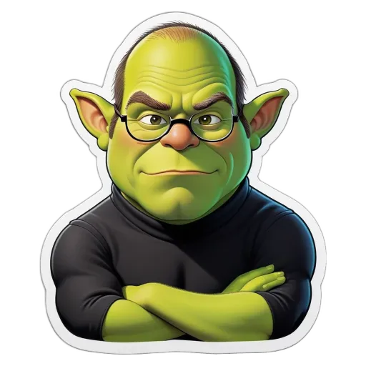A green elf in glasses and a black shirt with crossed arms.