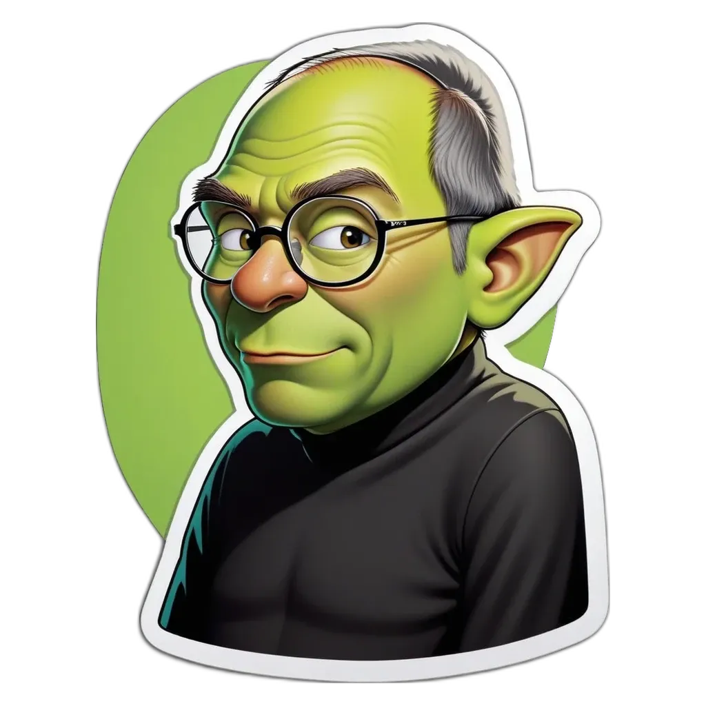 A sticker of an old man with glasses that is green.