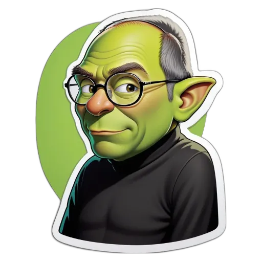 A sticker of an old man with glasses that is green.