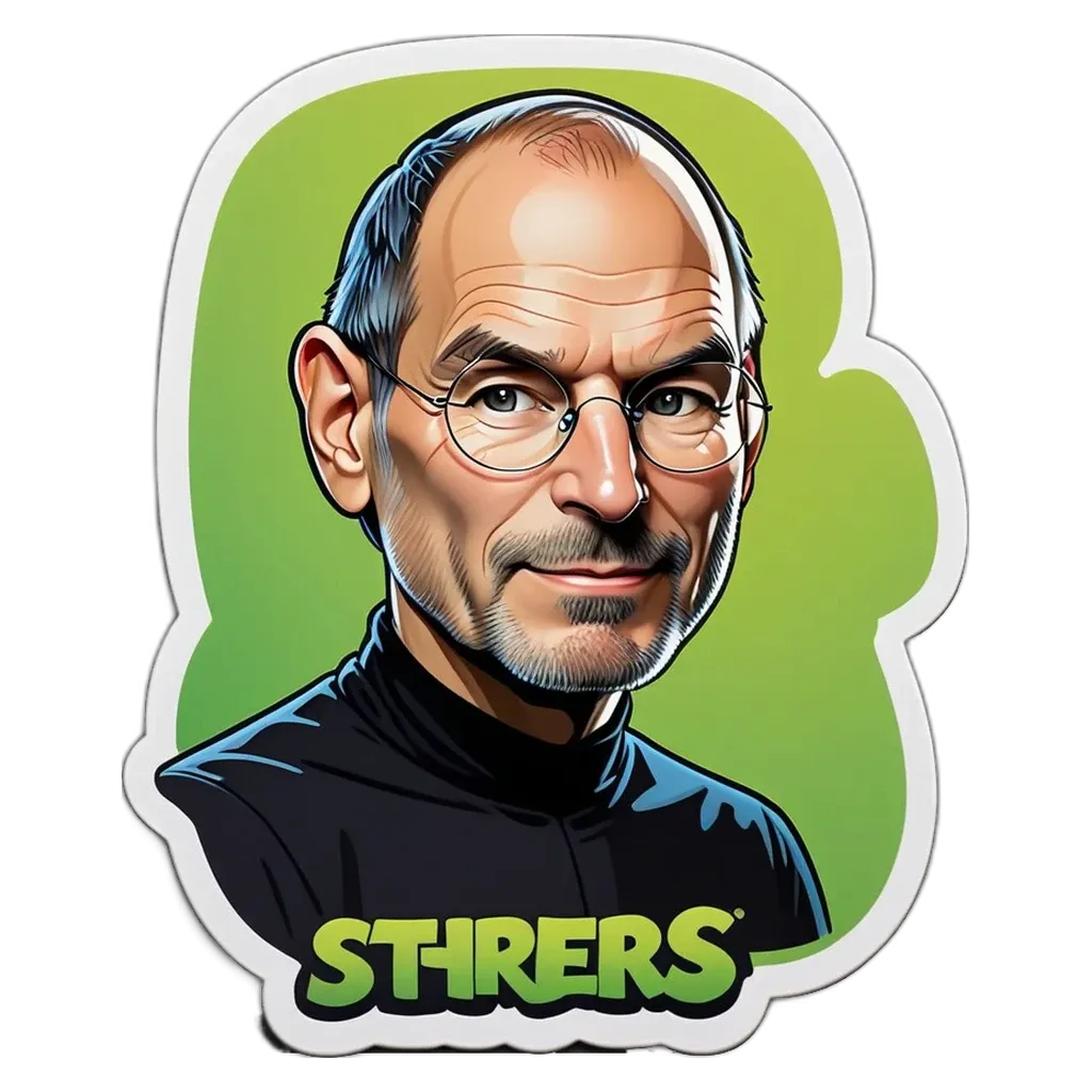 A sticker of Steve job the man is wearing glasses.