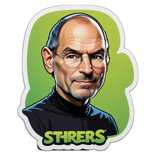 A sticker of Steve job the man is wearing glasses.