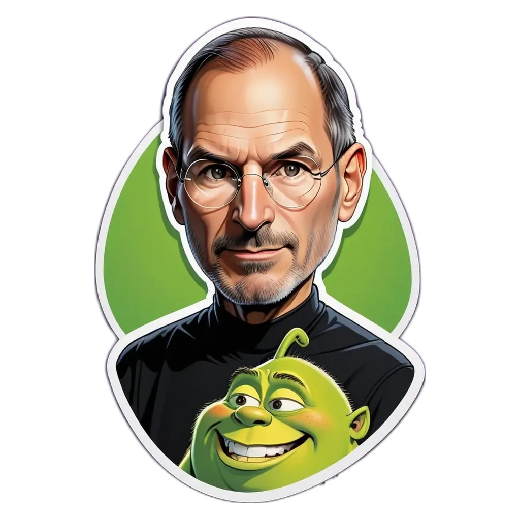 An apple with a sticker that has a picture of Steve job.