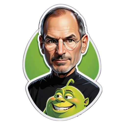An apple with a sticker that has a picture of Steve job.