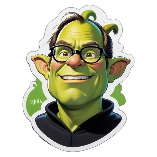 A green elf with a black face wearing glasses is smiling.