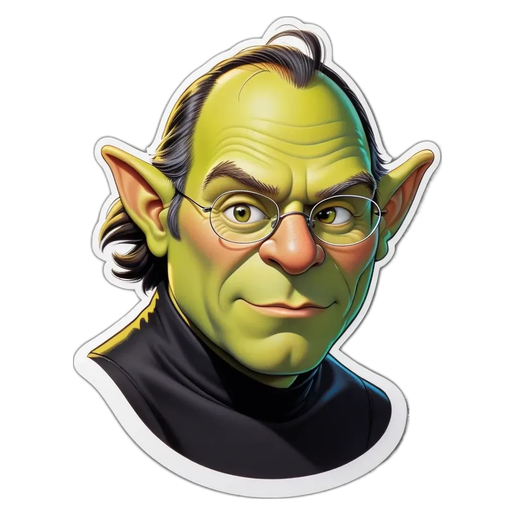 A green drawing of a man with glasses.