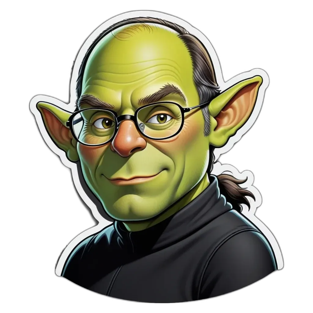 A green elf wearing glasses and a black shirt.