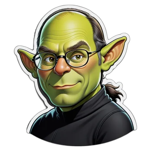 A green elf wearing glasses and a black shirt.