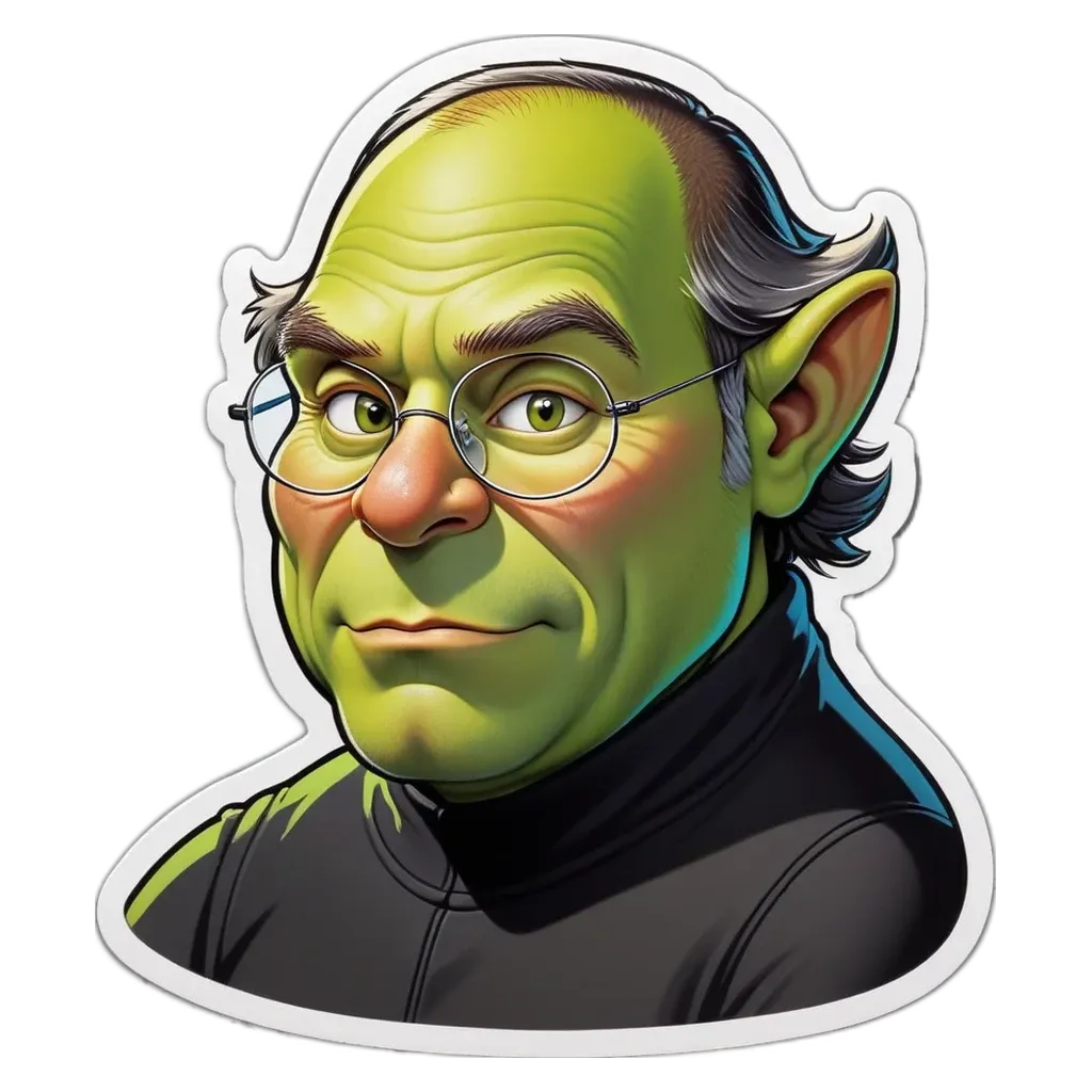 A green drawing of an old man with glasses.