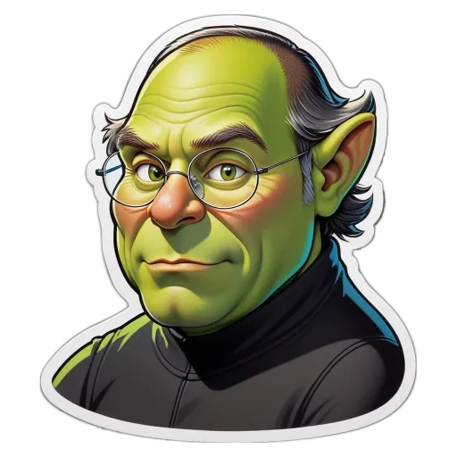 A green drawing of an old man with glasses.