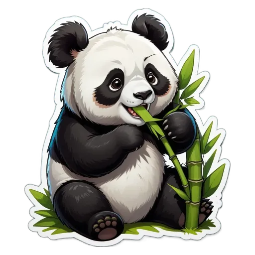 A panda bear eating a bamboo with a sticker of the panda bear showing.