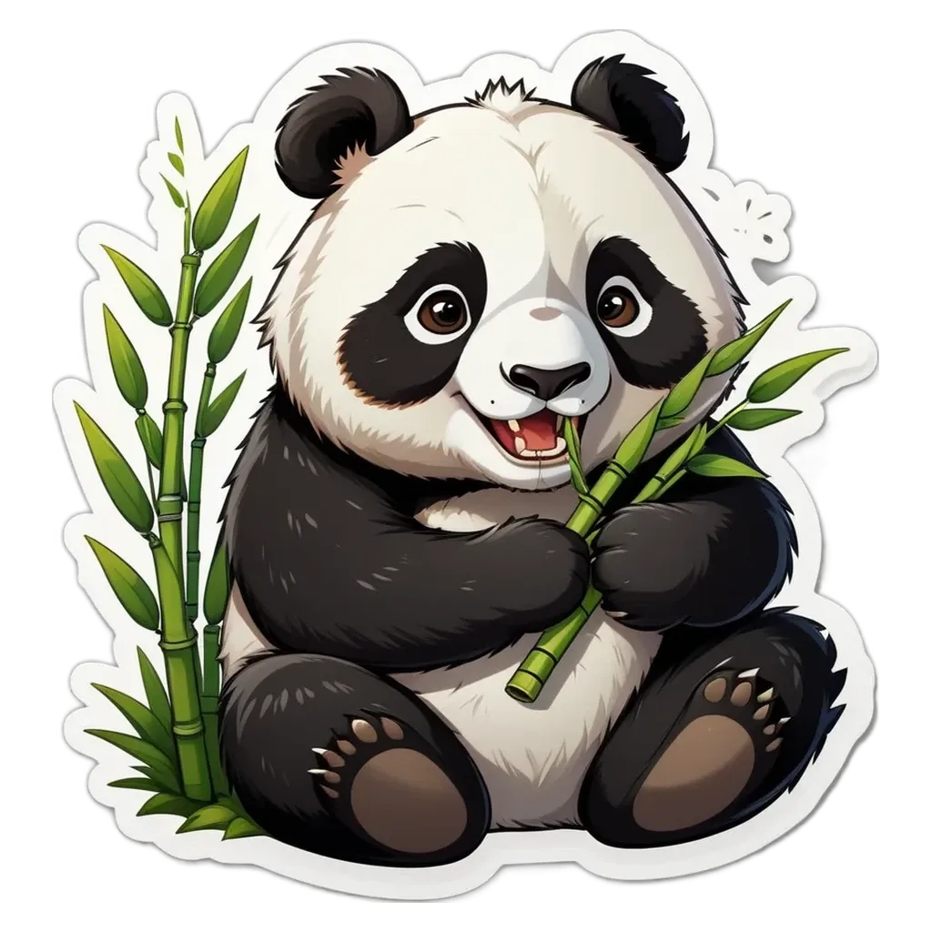 A panda bear holding a bunch of bamboo in its mouth.