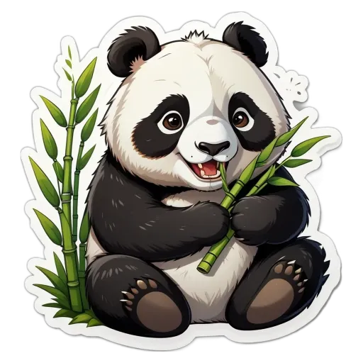 A panda bear holding a bunch of bamboo in its mouth.