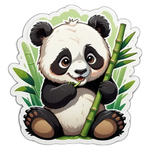 A panda bear with a bamboo in its mouth.