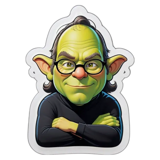 A green frog sticker of a man with glasses.